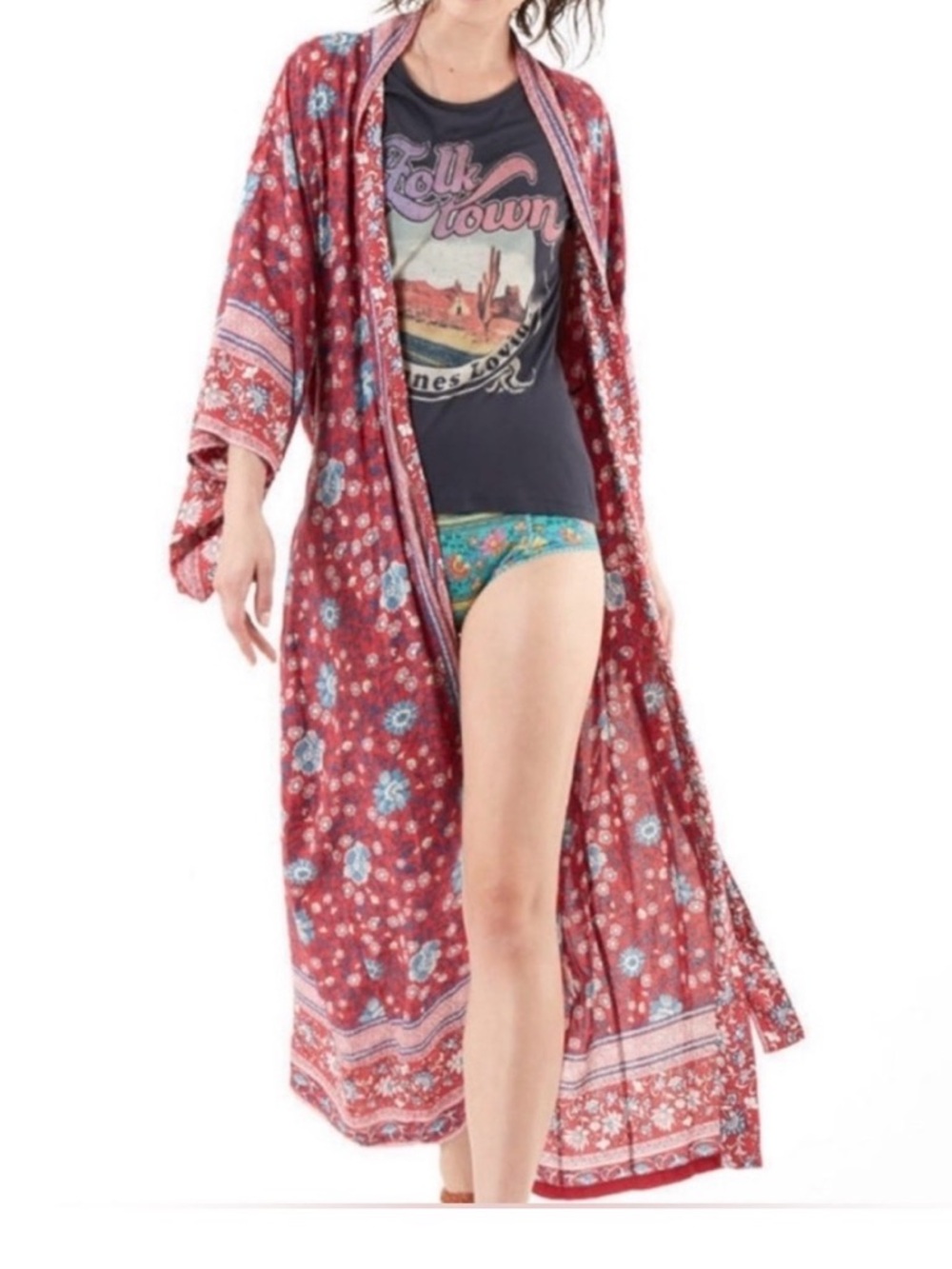 Boho Floral Red Long Kimono Robe - Women's Intimates & Sleepwear